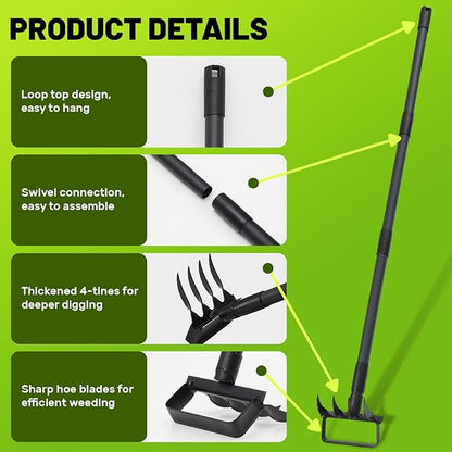 2 in 1 Weeding Tools Gardening Weed Puller with Long Handle,Stirrup Hula Garden Hoe with 4 Tines Rake,Garden Tiller Cultivator with 62.6" Adjustable Handle for Weeding,Seeding,Ditching,Loosening
