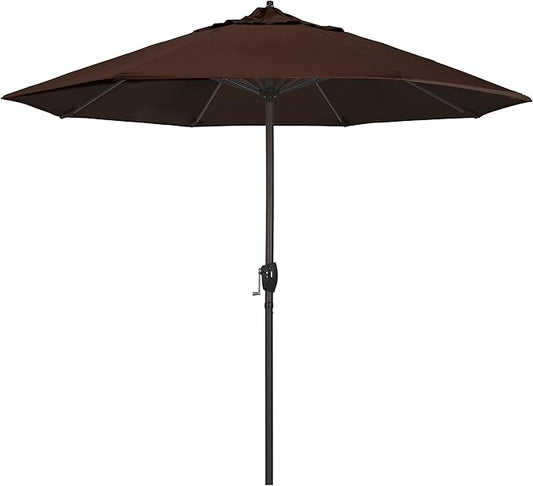 California Umbrella 9' Round Sunbrella Aluminum Outdoor Deck, Pool or Patio Umbrella, Crank Lift, Auto Tilt, Bronze Pole, Bay Brown