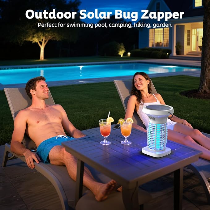 Solar Bug Zapper Outdoor, Mosquito Zapper Outdoor Waterproof Electric Fly Zapper Rechargeable Mosquito Killer with Solar Panel, 4200V Fly Trap Indoor for Home Backyard, Patio, Garden, Camping