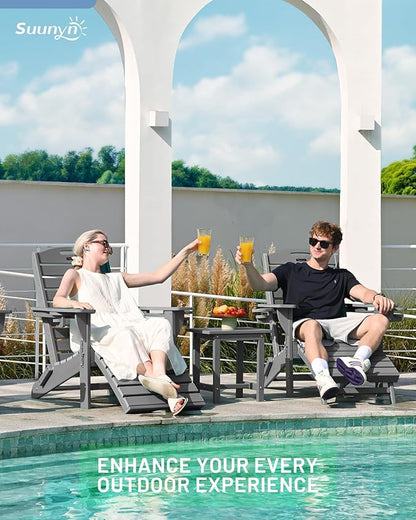 Folding Adirondack Chairs Set of 4,Adirondack Chair with Retractable Ottoman,Plastic Adirondack Chairs with 2 Cup Holder,Weather Resistant Patio Chair,Outdoor Chairs Set of 4(Grey)