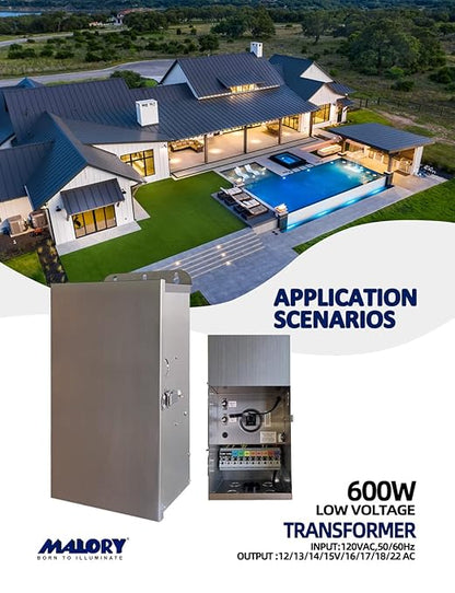 MALORY 600W Low Voltage Transformer for Landscape Lighting,120V AC to 12/13/14/15/16/17/18/22V Multi-Tap Power Supply for Outdoor Landscape Lights,Yard Lights,Garden Lights(Transformer only)