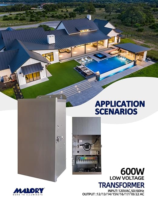 MALORY 600W Low Voltage Transformer for Landscape Lighting,120V AC to 12/13/14/15/16/17/18/22V Multi-Tap Power Supply for Outdoor Landscape Lights,Yard Lights,Garden Lights(Transformer only)