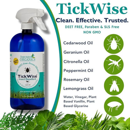 3 Moms Organics TickWise Insect Repellent, 32oz Extra Strength - DEET- Free, Tick and Insect Repellent, Plant Based Essential Oils, All Natural Ingredients, Safe for Kids, Adults, Dogs and Horses