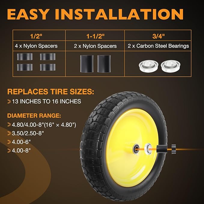 HQPASFY 16" Flat Free Tire 4.80/4.00-8 Wheelbarrow Tire and Wheel, 3" Centered Hub, 5/8" & 3/4" Bearings – Solid No-Flat Replacement for Wheelbarrows, Garden Carts, Dump Carts, Lawn Equipment