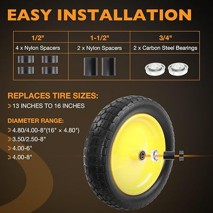 HQPASFY 16" Flat Free Tire 4.80/4.00-8 Wheelbarrow Tire and Wheel, 3" Centered Hub, 5/8" & 3/4" Bearings – Solid No-Flat Replacement for Wheelbarrows, Garden Carts, Dump Carts, Lawn Equipment