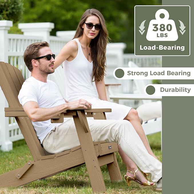Folding Adirondack Chair Wood Texture 4 Pack, HDPE All-Weather Fire Pit Chairs, Plastic Adirondack Chairs with 2 Cup Holder, Outdoor Lawn Chair for Patio Garden (Teak)