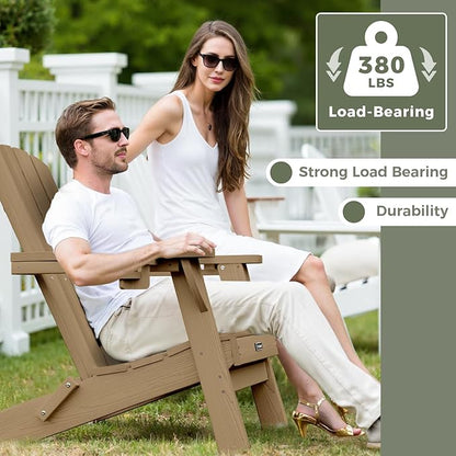 Folding Adirondack Chair Wood Texture 4 Pack, HDPE All-Weather Fire Pit Chairs, Plastic Adirondack Chairs with 2 Cup Holder, Outdoor Lawn Chair for Patio Garden (Teak)
