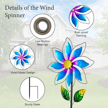 14'' Wind Spinners Outdoor, Flower Metal Garden Wind Spinners Outdoor, Kinetic Wind Sculptures & Spinners for Yard Garden Lawn Decor (Blue)