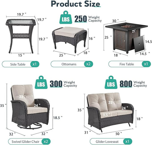 7 Piece Patio Furniture Set with Fire Pit Table - Wicker Patio Conversation Set with Swivel Glider, Glider Loveseat, Side Table and 2 Ottomans for Deck Backyard - Black Wicker Beige Cushion