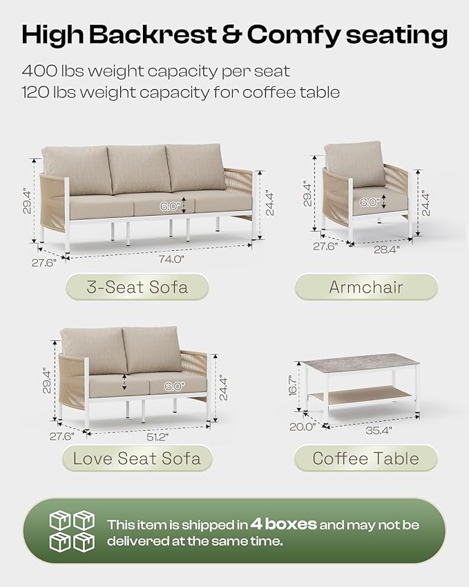 Aluminum Outdoor Patio Furniture Set, HDPE Rope 5 Piece Modern Sectional Conversation Sets with Dual-Layer Coffee Table, All Weather Patio Couch Sofa with Thick Cushions, White Frame, Ivory