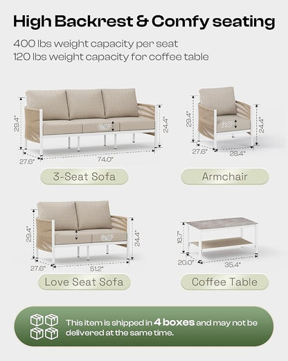Aluminum Outdoor Patio Furniture Set, HDPE Rope 5 Piece Modern Sectional Conversation Sets with Dual-Layer Coffee Table, All Weather Patio Couch Sofa with Thick Cushions, White Frame, Ivory