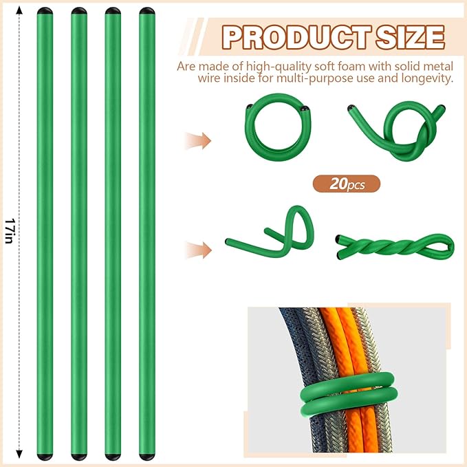 20 Pcs 17 Inch EVA Foam Twist Rubber Ties Reusable Bendable Cable Tie Straps Flexible Heavy Duty Twisty Ties for Organizing Cords Bundling (Green)