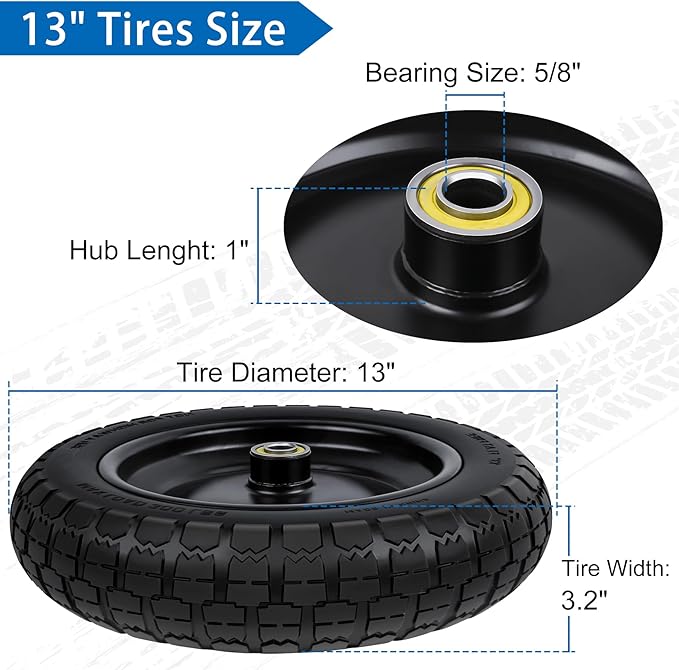 13 Inch Flat Free Wheels Tires 4.00-6 Solid Replacement with Universal 5/8" Axle Bore Hole, 8 Spacers and 4 Pins, for Wheelbarrow, Garden Wagon, Hand Truck, Trolley, Lawn Mower, 2 Pack