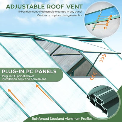 CDCASA 10x6 FT Outdoor Greenhouse, Aluminum Heavy Duty Polycarbonate Greenhouses w/Vent Window, Swing Door, Walk-in Green House for Outside, Backyard