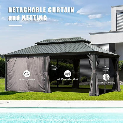Domi 14'x22' Hardtop Gazebo Canopy,Outdoor Aluminum Gazebo with Galvanized Steel Double Roof, Extra Large Permanent Gazebo Pavilion for Patio Deck Backyard,Curtain and Netting,Grey