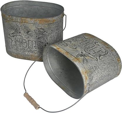 Set of 2 Vintage Distressed Metal Planter, Decorative Flower Buckets with Floral Embossing, Rustic Farmhouse Flower Pot for Herbs Succulents, Wedding Party Home Decor Accents