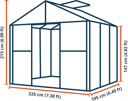 Greenhouse Topas 3 Aluminum Frame 7.4 x 6.4 ft Approx. 8 mm Polycarbonate Panels - with Bonus Base Frame and Automatic Vent Opener