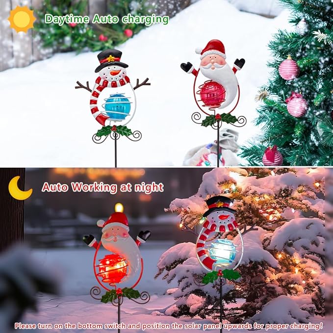 Christmas Solar Garden Lights Outdoor,2 Pack Xmas Santa Claus Snowman Solar Stake Lights,Christmas Decorations Outdoor Present for Yard Garden Patio Decor