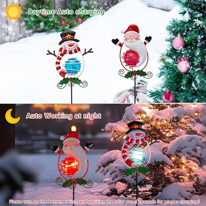 Christmas Solar Garden Lights Outdoor,2 Pack Xmas Santa Claus Snowman Solar Stake Lights,Christmas Decorations Outdoor Present for Yard Garden Patio Decor