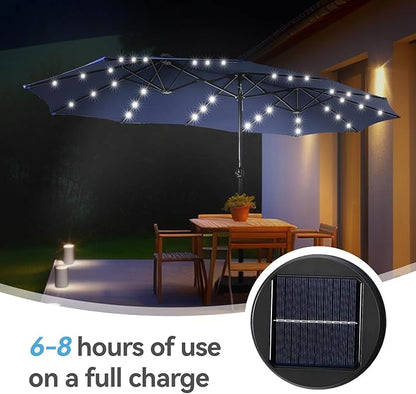 GREEN PARTY 15 ft Rectangle Patio Umbrella with Solar Lights and Base Included, Double-Sided Market Table Umbrella with Crank, Large Outdoor Umbrellas for Patio Poolside Garden Backyard, Navy Blue