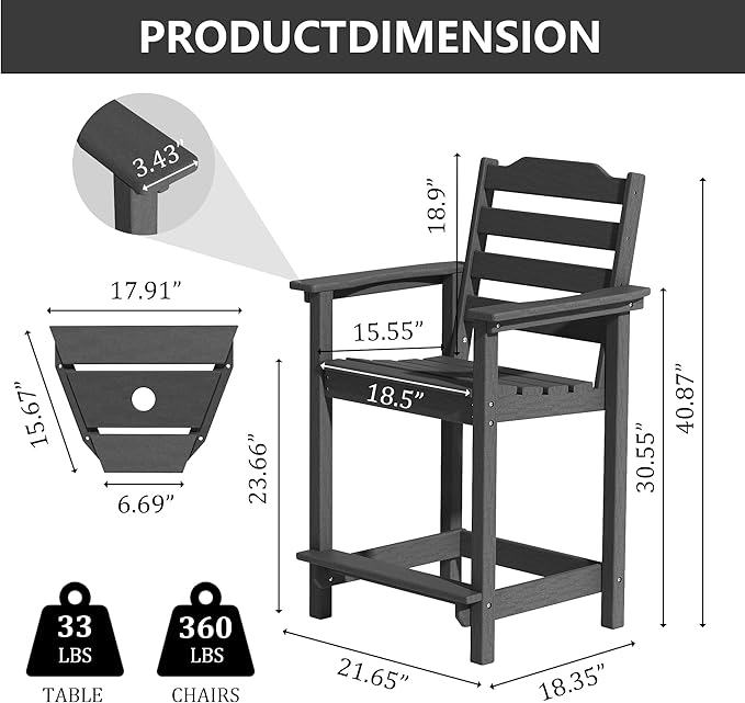OTSUN 24 Inch HDPE Counter Height Outdoor Chair, All Weather Resistant Adirondack Bar Stools for Balcony, Porch Kitchen(1 PC, Black)