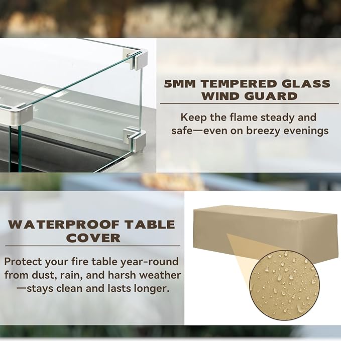 2-Piece 54" Outdoor Propane Fire Pit Table Set, 50,000 BTU Rectangle Concrete Gas Fire Pit Coffee Table W Glass Wind Guard, Lava Rocks, Waterproof Cover for Patio, Backyard, Garden, Porch, Deck