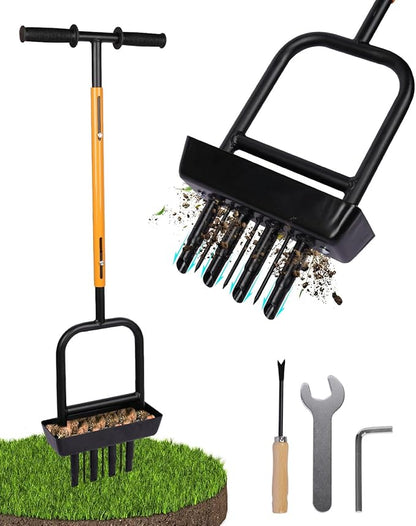 2-in-1 Manual Lawn Aerator Tool with Soil Core Storage Tray - 41.3" Heavy Duty Carbon Steel Garden Core Aerator Lawn Tool- Multifunctional Spike & Plug Aerator for Compacted Soil(Black + Orange)