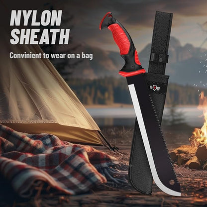 Machete with Saw - 19” Heavy Duty Tool & Sheath - Ergonomic No-Slip Handle - Survival Knife with Serrated Blade - Machetes for Bushcraft Hunting Garden Cutting Trees and Yard Work