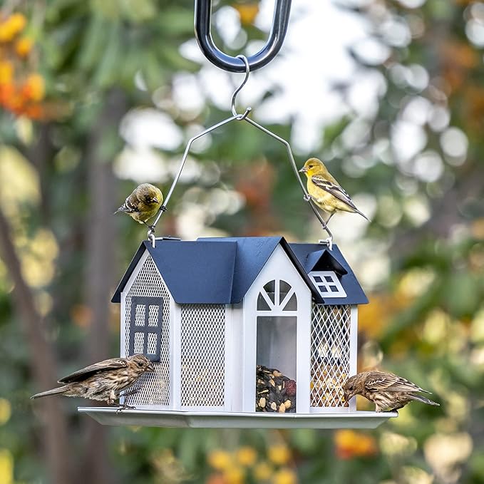 Kingsyard Bird Feeder House for Outside, Metal Mesh Wild Bird Feeder with Triple Feeders for Finch Cardinal Chickadee, Large Capacity, Weatherproof and Durable