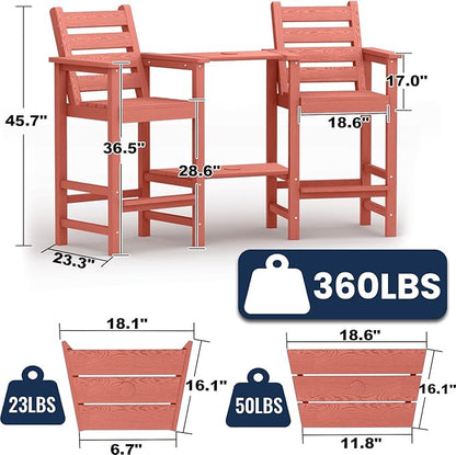 Tall Adirondack Chairs Set of 2, All Weather HDPE Poly Bar Height Balcony Adirondack Chair with Removable Double Connecting Trays, Outdoor Adirondack Barstools for Deck, Patio, Yard, Pool, Lawn