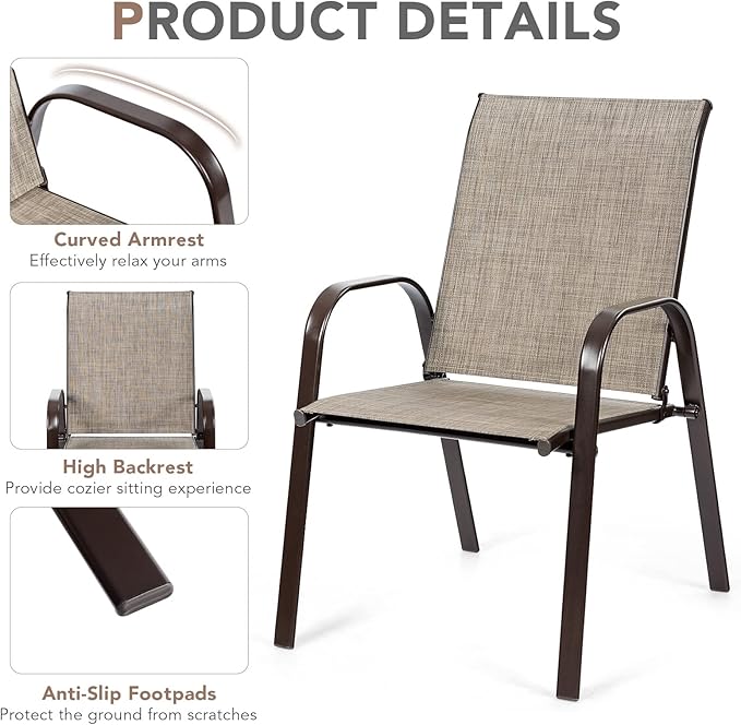 Tangkula 4 Piece Patio Dining Chairs, Outdoor Bistro Chairs W/Curved Armrests, Easy-to-Dry Fabric, Reinforced Steel Frame, Wide & Comfortable Camping Chairs for Garden, Poolside, Backyard (2, Grey)
