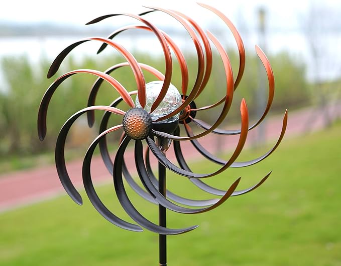 Solar Wind Spinner Improved 360 Degrees Swivel Warm White LED Lighting Glass Ball with Kinetic Wind Spinner Vertical Metal Sculpture Stake Construction for Outdoor Yard Lawn & Garden.
