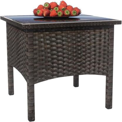 Outdoor PE Rattan Side Table, Modern Wicker Coffee End Table with Glass Top for Yard, Balcony, Garden or Livingroom, Brown