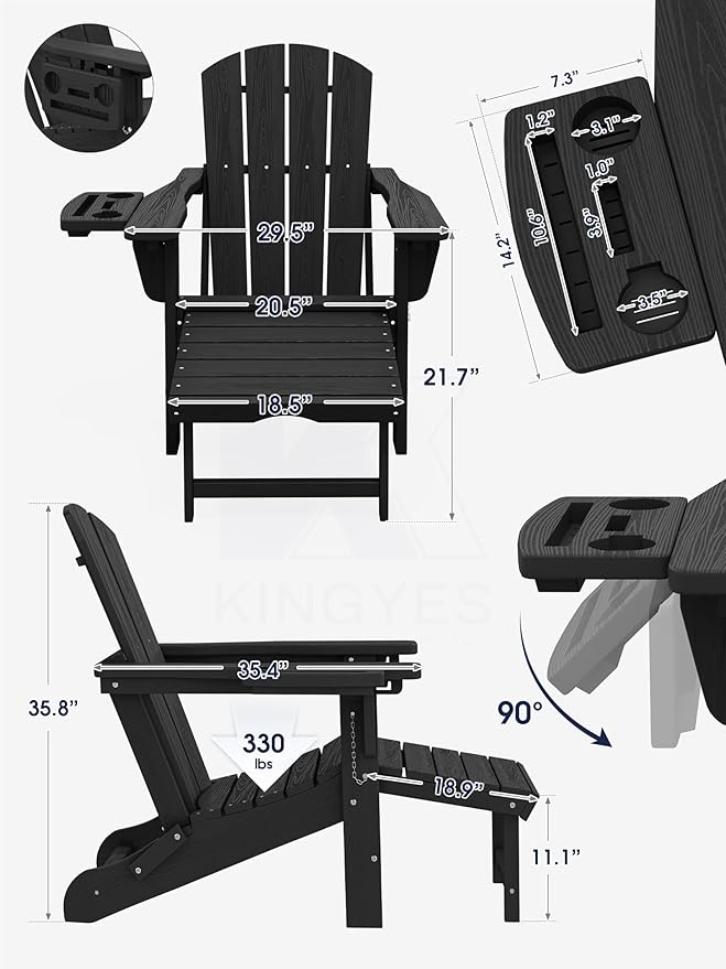 KINGYES Adjustable Folding Adirondack Chair with Footrest & 4-in-1 Multi-Functional Armrest Organizer Set of 2, HDPE Foldable Reclining Adirondack Chair with Pull-Out Ottoman, Black