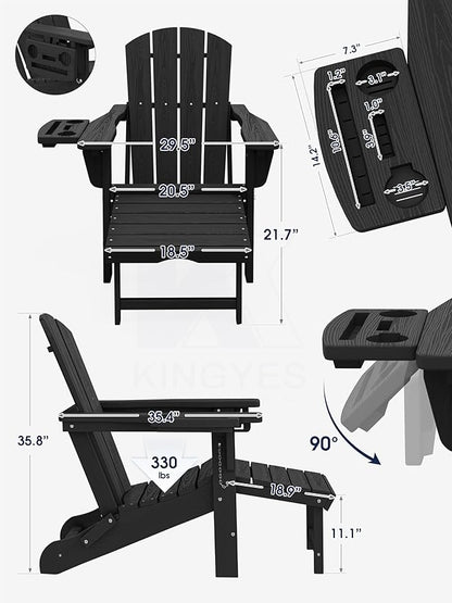 KINGYES Adjustable Folding Adirondack Chair with Footrest & 4-in-1 Multi-Functional Armrest Organizer Set of 2, HDPE Foldable Reclining Adirondack Chair with Pull-Out Ottoman, Black