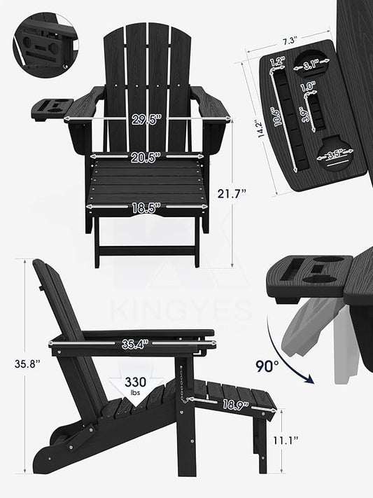 KINGYES Adjustable Folding Adirondack Chair with Footrest & 4-in-1 Multi-Functional Armrest Organizer Set of 2, HDPE Foldable Reclining Adirondack Chair with Pull-Out Ottoman, Black
