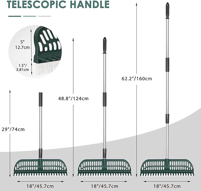 ORIENTOOLS Garden Leaf Rake 2 in 1 Turf Rake for Artificial Grass and Lawn with Telescopic Steel Handle, 49" to 63" Long