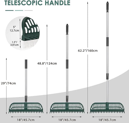ORIENTOOLS Garden Leaf Rake 2 in 1 Turf Rake for Artificial Grass and Lawn with Telescopic Steel Handle, 49" to 63" Long
