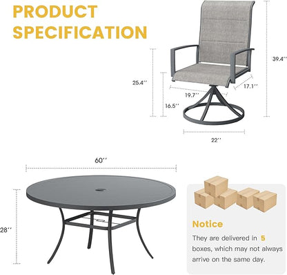 VICLLAX Outdoor Dining Set for 8, Outdoor Furniture Includes 60" Round Patio Table and Swivel Padded Chairs, Grey Tabletop and Fabric