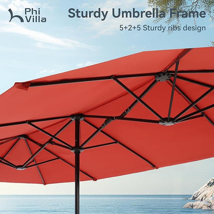PHI VILLA 13ft Outdoor Market Umbrella Double-Sided Twin Large Patio Umbrella with Crank, Orange Red