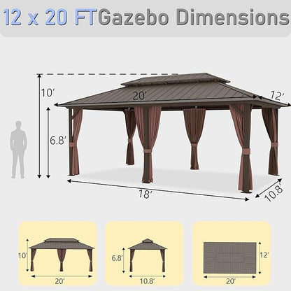 12'x20' Hardtop Gazebo, Outdoor Aluminum Frame Galvanized Steel Double Roof Pavilion with Netting and Shaded Curtains, Permanent Metal Pergolas for Patio, Backyard, Deck and Lawns.