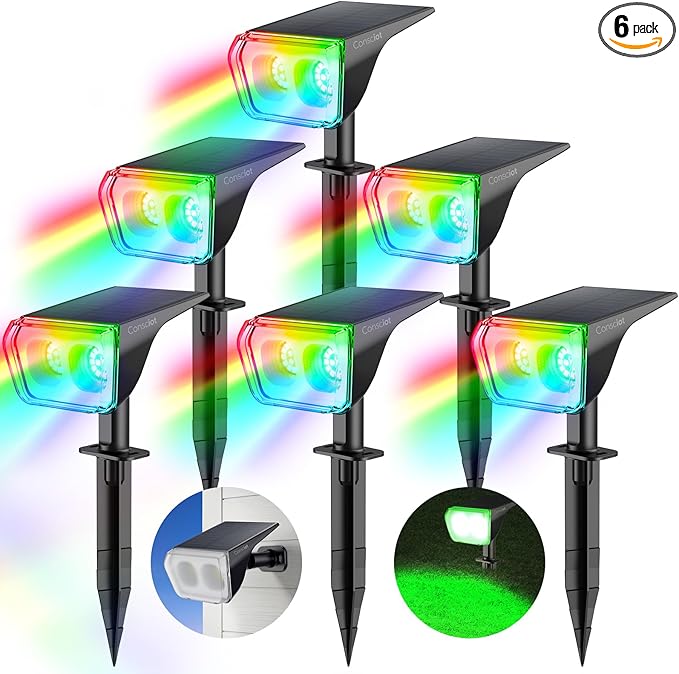 Consciot Solar Spot Lights Outdoor, Halloween Color Changing Lights Waterproof, 10 Colors Dusk-to-Dawn Landscape Spotlights, Outdoor Halloween Decorations for Garden Yard, 6 Pack