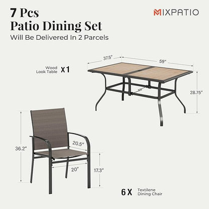 7 Pieces Patio Table and Chairs Set, Outdoor Dining Furniture Set for 6, 6 Brown Textilene Chairs and 61" Wood-Like Table Top with Umbrella Hole, for Deck Backyard Lawn