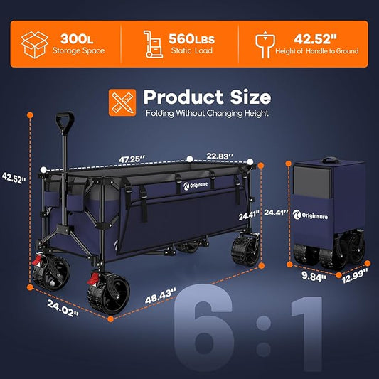 48" L Collapsible Wagon Cart Foldable, 560lbs Weight Capacity 300L Heavy Duty Folding Beach Wagons with Big All-Terrain Wheels, Utility Carts for Groceries, Shopping, Camping, Sports - Grey&Purple