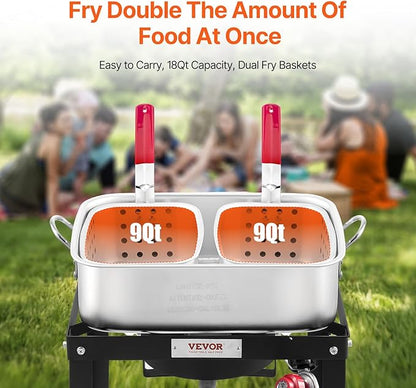 VEVOR 18 Qt Fish and Wing Fryer with Double Basket, Aluminum Propane Fish Fryer Kit, Outdoor Deep Fryer Seafood Pot with Thermometer and 58,000 BTUs Propane Burners, for Outdoor and Backyard Cooking