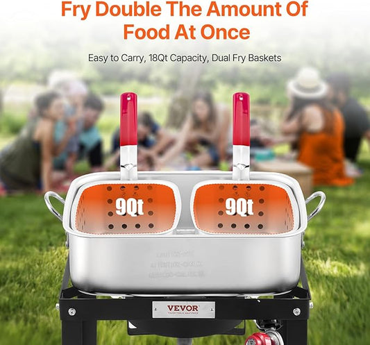 VEVOR 18 Qt Fish and Wing Fryer with Double Basket, Aluminum Propane Fish Fryer Kit, Outdoor Deep Fryer Seafood Pot with Thermometer and 58,000 BTUs Propane Burners, for Outdoor and Backyard Cooking
