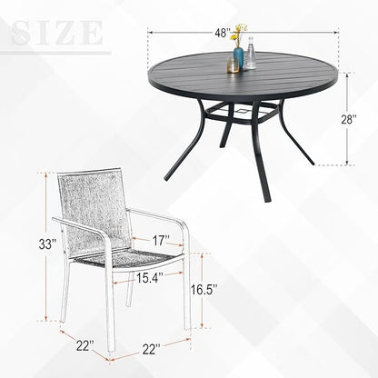 7-Piece Outdoor Dining Set, 48'' Round Table with 6 Stackable Chairs All Weather Furniture Set - Cherry