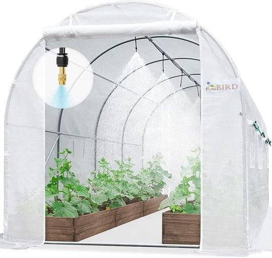 KING BIRD Premium 15x6.6x6.6FT Greenhouse for Outdoors, Large Walk-in Heavy Duty Galvanized Steel Frame, Mesh Door Screen Window Tunnel Hoop Garden Plant Winter Hot House, with Watering Kits, White