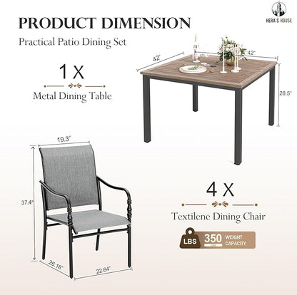 HERA'S HOUSE 5-Piece Outdoor Dining Set, 42" Square Patio Table and Chairs Set with Umbrella Hole for Restaurant Garden Lawn Backyard