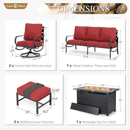 Sophia & William Patio Furniture Sets with 45" Gas Fire Pit Table for 7 Outdoor Conversation Sets 6 Pcs, 2 x Swivel Cushioned Sofa Chairs, 1x3-Seat Sofa, 2xOttomans for Backyard Poolside Red